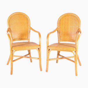Armlehnstühle aus Rattan & handgewebtem Leder, 1970er, 2er Set