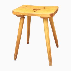 Pine Stool with Concave Seat and Pencil Legs, France, 1970s