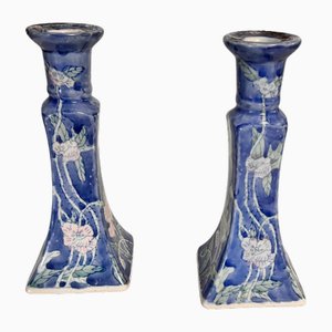 French Candleholder in Blue Ceramic, France, 1970s, Set of 2