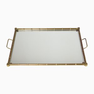 French Neoclassical Brass and Mirrored Glass Tray, 1970s
