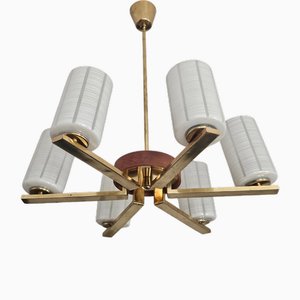 Mid-Century Moderner Sechsarmiger Kronleuchter aus Teak & Milchglas, 1960er