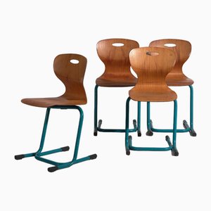 Türkisblaue Vintage Schulstühle, 1950, 4er Set