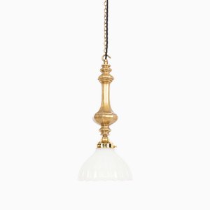 Cast Brass & Moonstone Glass Pendant Light, 1920s