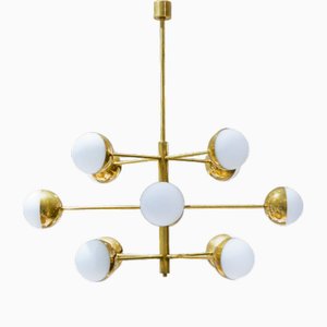 Lustre Mid-Century Vidrio en Opaline et Laiton, Italie