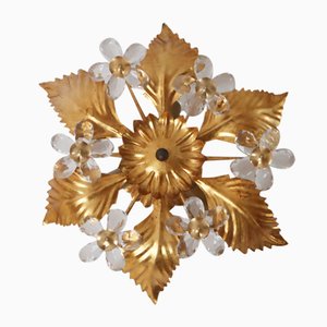 Florentine Floral Gold Ceiling Light with Crystal Flowers, 1970s