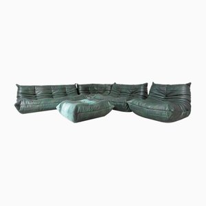 Togo Set in Green Dark Leather by Michel Ducaroy for Ligne Roset, Set of 5