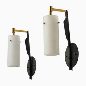 Italian Sconces in Brass and Black with Opaline Glass Shades, 1950s, Set of 2