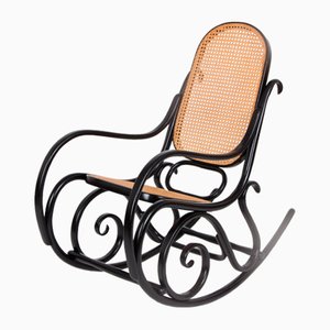 Rocking Chair in Black Lacquered Wood and French Wicker in the style of Thonet, 1970s