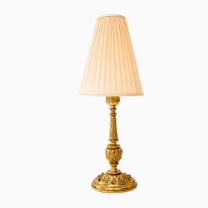 Antique Brass Table Lamp with Fabric Shade, 1890s