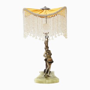 Bronze Table Lamp with Marble and Fabric Shade, 1908