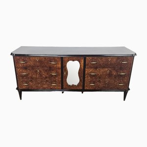 Art Deco Sideboard in Mahogany Root with Drawers and Worked Glass Door, 1950