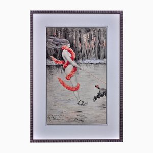 Oscar Wilson, Nude Lady auf Schlittschuhen mit roter Boa, die von einem Pudel gezogen wird, Aquarell & Tinte auf Papier.