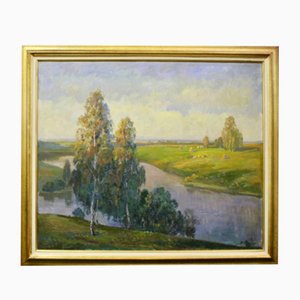 Russian School Artist, Landscape at the River, 1950s, Oil on Canvas