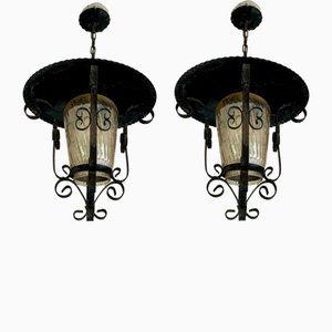 French Iron and Tole Glass-Paneled Lantern, 1970s, Set of 2