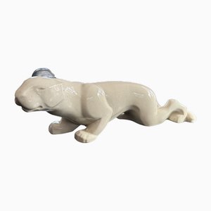 Charles Lemanceau (1905-1980) for Manufacture de Saint-Clement, Crouching Panther, Art Deco Ceramic