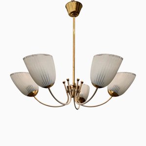 Vintage Scandinavian Five Arm Chandelier in Brass and Glass, Sweden, 1930s