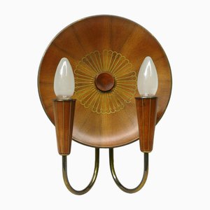 Sunburst Wall Light in Wood & Brass from Temde, 1950s