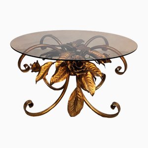 Mid-Century Gold Gilded Coffee Table Bouquet of Roses, 1960s