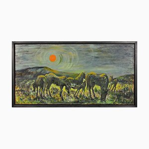 Hazel Barnett, Welsh Ponies Grazing Under a Warm Sun, Penlan, Swansea, 1967, Oil Painting, Framed