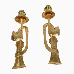 Brualist Style Gilded Iron Wall Lights, 1970, Set of 2