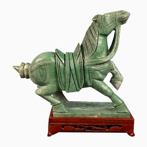 Chinese Jade Horse Sculpture on Wooden Base, 20th Century