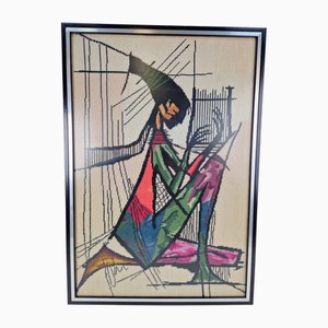 Vintage Framed Embroidered Harp Player Wall Art Tapestry, 1970s