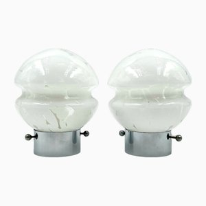 Vintage Table Lamps in White Glass with Metal Stand, 1970s, Set of 2