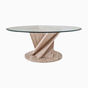 Italian Flower Coffee Table in Travertine with Facet-Cut Round Plate, 1980s