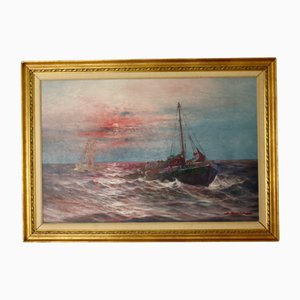 Johan Ossian Andersson, Segeln bei Sonnenuntergang, 1950er, Öl auf Leinwand, Gerahmt