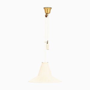 Lampada da soffitto ad altezza regolabile in ottone e paralume originale attribuita a Hans Bergström, anni '50