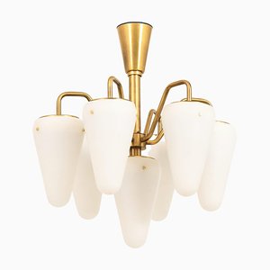 Plafonnier en Laiton et Verre Opalin Blanc attribué à Hans-Agne Jakobsson, 1950s