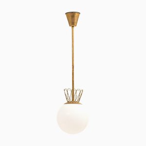 Plafonnier en Laiton et Verre Opalin Blanc, 1950s