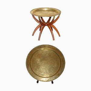 Table Plateau Mid-Century Moderne en Laiton avec Base Pliante en Teck, 1900