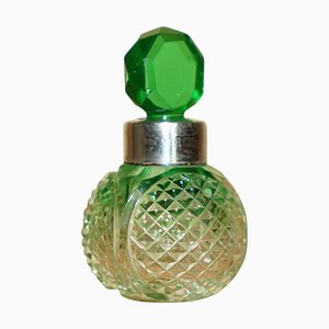 Antique Sterling Silver Perfume Bottle in Cut Glass Green & Clear Crystal, 1899