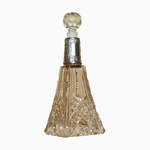 Antique Perfume Bottle Flask in Cut Glass Crystal & Sterling Silver, 1913