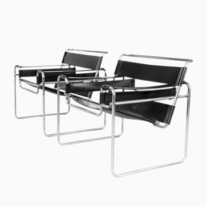 Vintage Wassily B3 Chairs in Black Leather by Marcel Breuer for Gavina, Set of 2