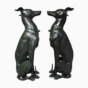 Italian Greyhound Statues in Green Patinated Bronze, 1950s, Set of 2