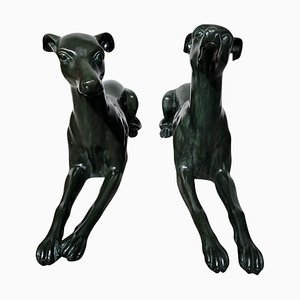 Italian Greyhound Statues in Green Patinated Bronze, 1950s, Set of 2