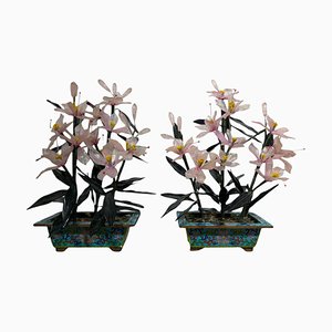 20. Jh. Bonsai Bäume aus Achat, Kristallglas und Nephrit Jade, 1950er