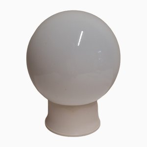 Mid-Century German Ceiling Lamp with Cream-White Plastic Mount and White Spherical Glass Shade, 1950s