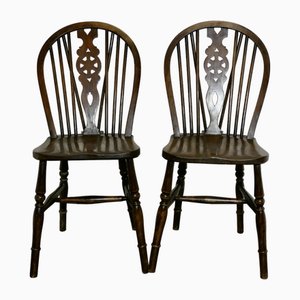 Set of Victorian Beech & Elm Wheel Back Wedge Chairs, 1890s