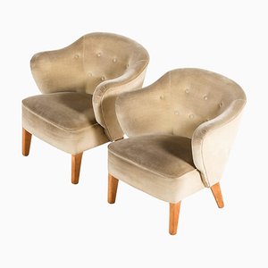 Set of Easy Chairs in Ash Legs with Velvet Mohair attributed to Flemming Lassen, 1940s