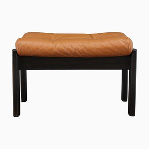 Brown Leather Oak Stool, Denmark, 1960s