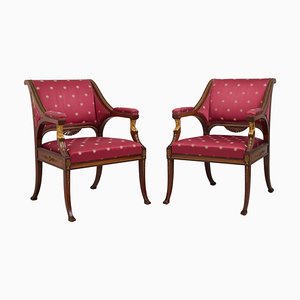 Set of Antique Empire Mahogany Armchairs in Brass and Gilded Decor