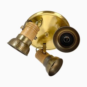 Modern Three-Spot Brass and Oak Ceiling Light from Temde Lights, 1970s