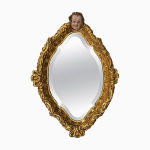 Baroque French Gilt Wood Wall Mirror with Cherub Head, 1930s