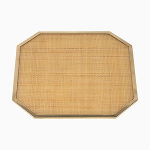 Bandeja de servicio para mantel individual de vidrio acrílico, latón y mimbre al estilo de Christian Dior Style, Italia, años 70
