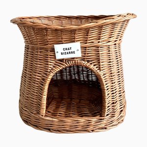 Wicker Cat Bed, Basket with Chat Bizarre Label, 1970s