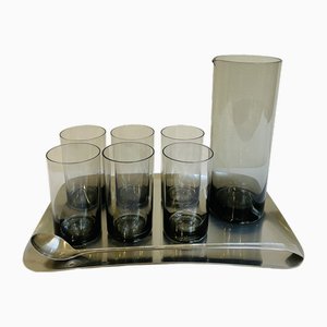 Mid-Century Modern Cocktail Set Jug and Mug in Smoked Glass by Cromargan Günter Kupetz Design for WMF, 1959, Set of 9