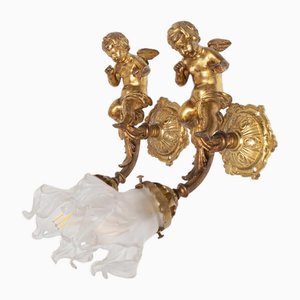 Antique French Bronze Wall Lights with Putti, 1890s, Set of 2